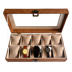 Relojera organizador de 10 puestos en cuero y tapa de vidrio Nebraska