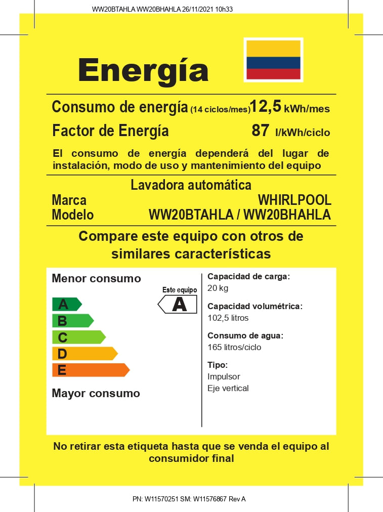 Lavadora Whirlpool  20Kg WW20LTAHLA