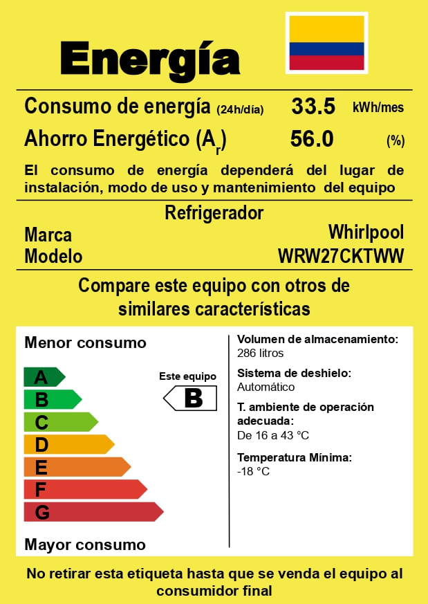 Nevera WHIRLPOOL No Frost Congelador Superior 284 Litros WRW27CKTWW Gris