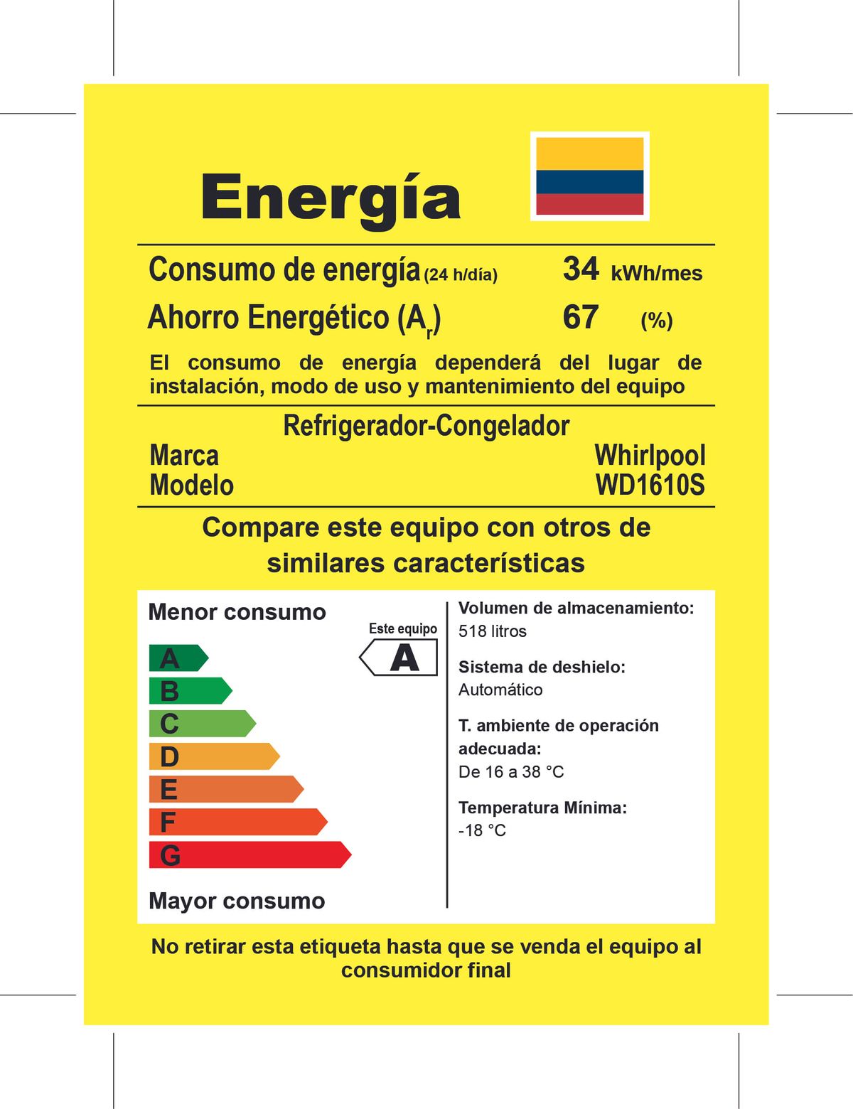 Nevecón Whirlpool 518 Litros WD1610S