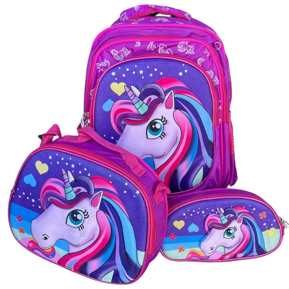 Morral escolar infantíl pequeño trío personajes para niños Unicornio morado