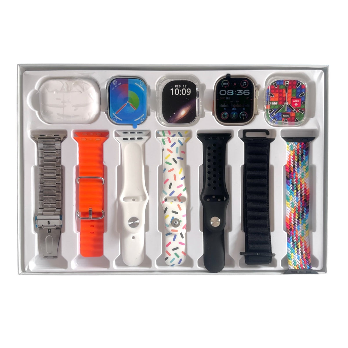 Set por 2 smartwatch ultra i60 + 6 pulsos + 1 audífonos set combo 12 en 1