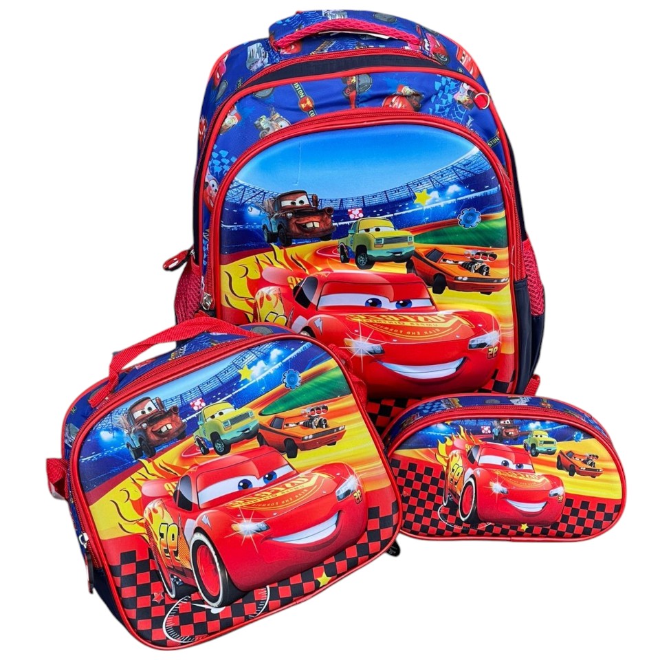 Morral escolar infantíl mediano trío personajes para niños Rayo McQueen rojo