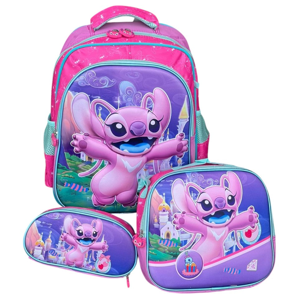 Morral escolar infantíl mediano trío personajes para niños Stich rosa