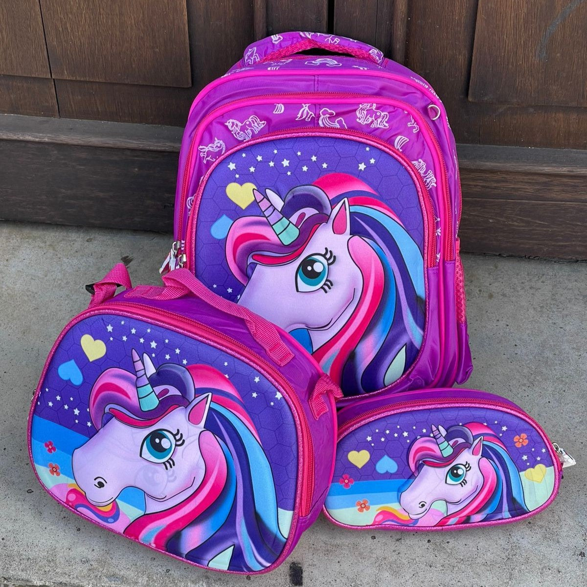 Morral escolar infantíl pequeño trío personajes para niños Unicornio morado