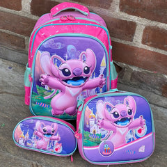 Morral escolar infantíl mediano trío personajes para niños Stich rosa