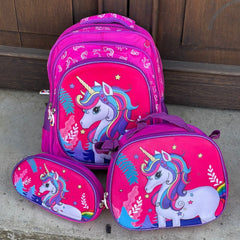 Morral escolar infantíl pequeño trío personajes para niños Unicornio fucsia