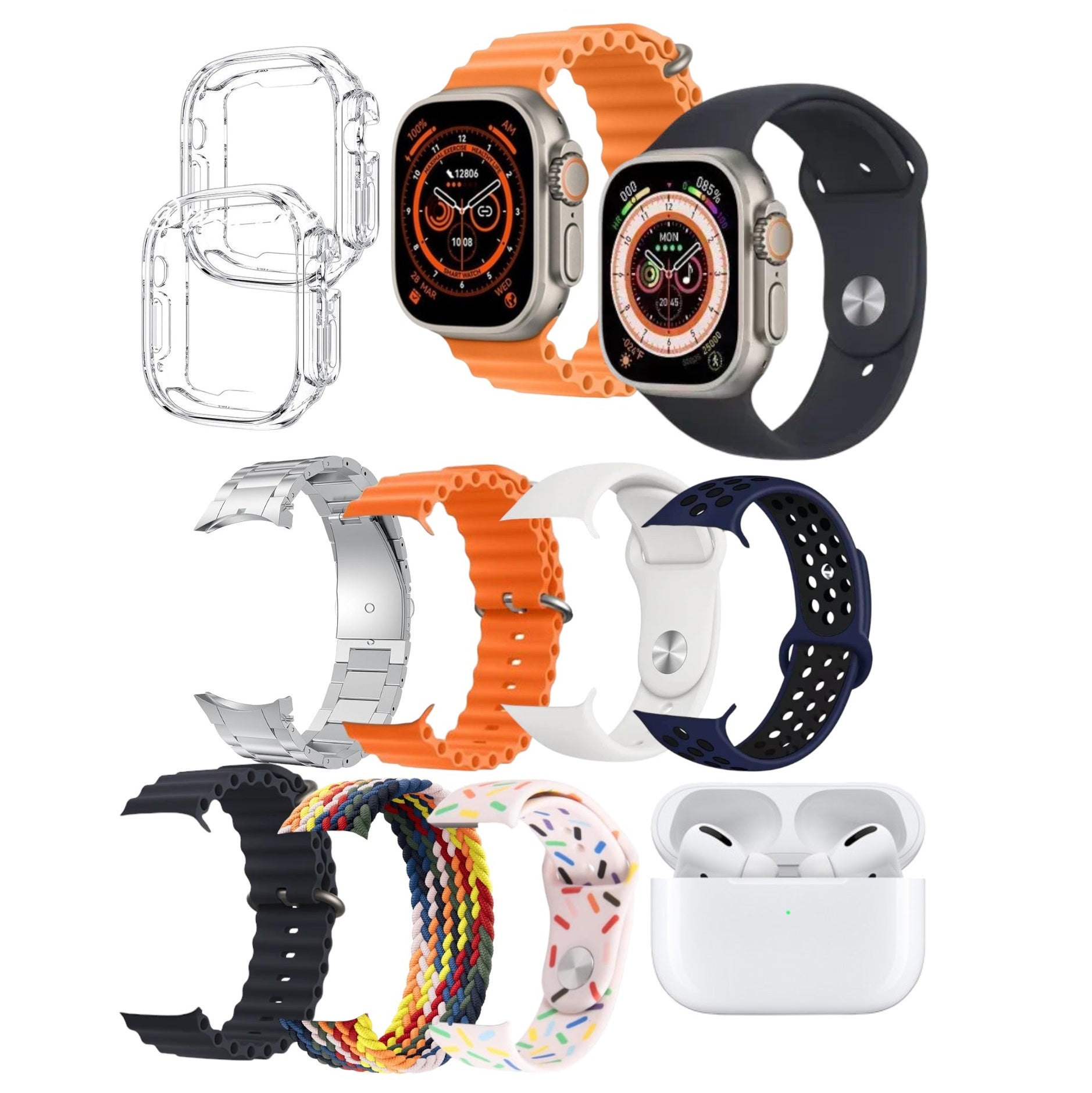 Set por 2 smartwatch ultra i60 + 6 pulsos + 1 audífonos set combo 12 en 1