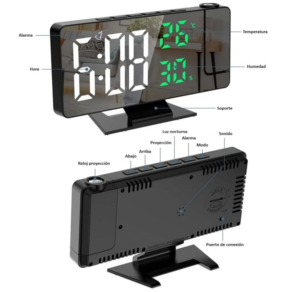 Reloj de proyección digital con alarma, temperatura y humedad