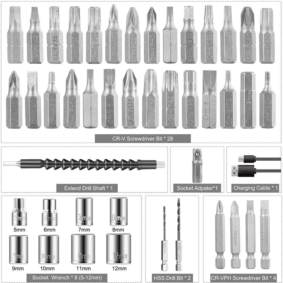 Kit herramientas destornillador y perforador eléctrico recargable + accesorios