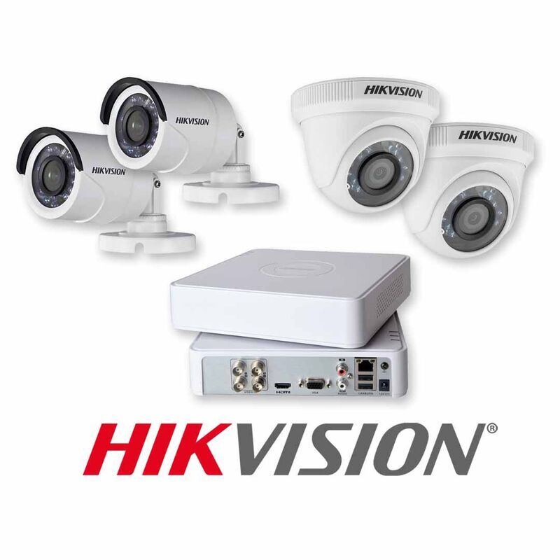 Kit de 4 cámaras marca Hikvision, perfecto para tu hogar o negocio.