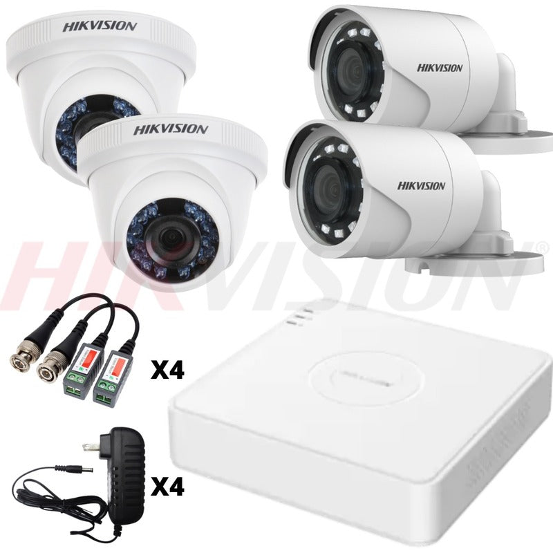 Kit de 4 cámaras marca Hikvision, perfecto para tu hogar o negocio.