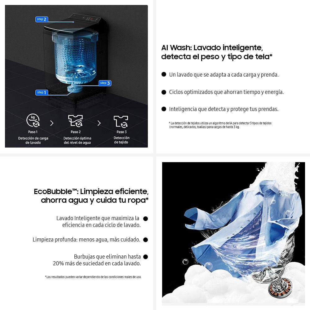 Lavadora SAMSUNG Bespoke Carga Superior AI Wash 19 Kg WA80F19S8BCO Negra